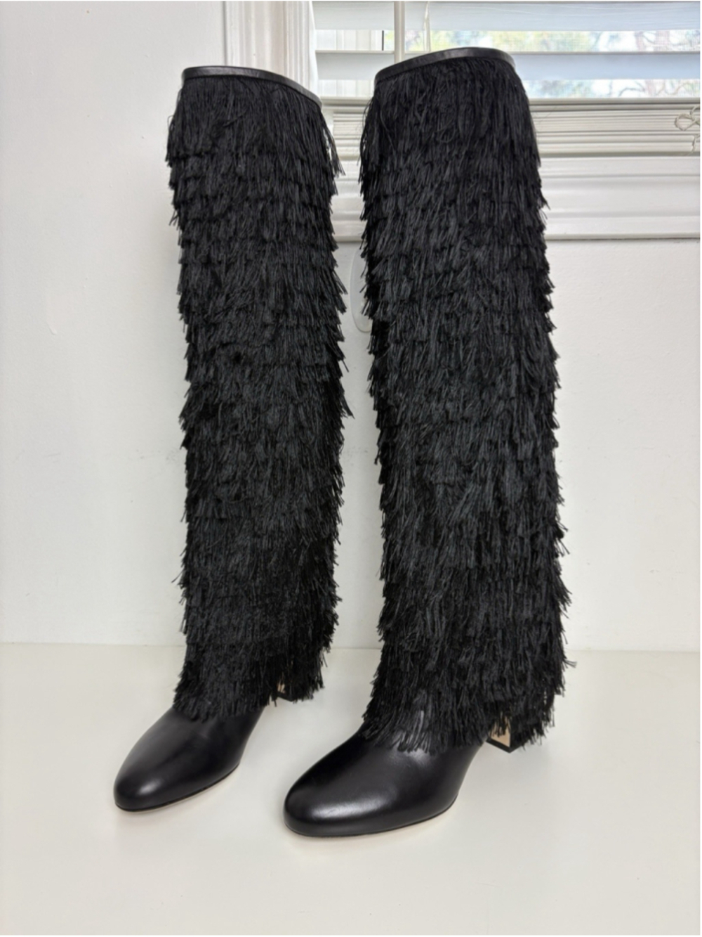 Jimmy Choo Knee High Boots Black Leather Size 37 Magalie Fringe - Picture 7 of 16